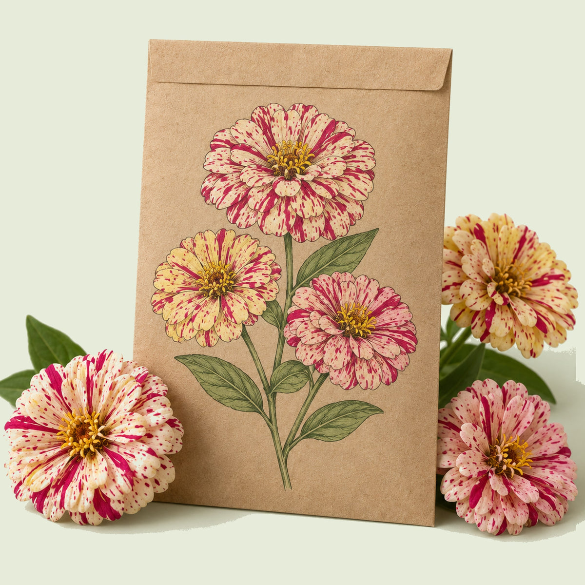 Kraft seed packet illustrated with Peppermint Stick Zinnia, with fresh Peppermint Stick Zinnia beside it