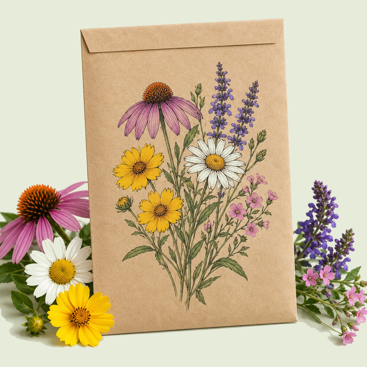 Kraft seed packet illustrated with Perennial Bloom Flower Mix, with fresh Perennial Bloom Flower Mix beside it