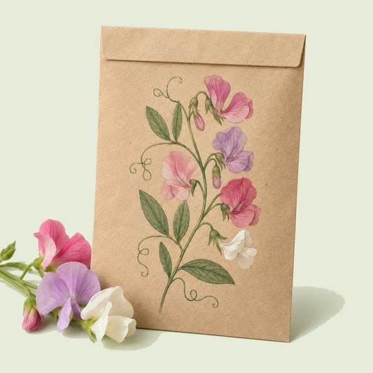 Kraft seed packet illustrated with Perennial Sweet Pea Blend, with fresh Perennial Sweet Pea Blend beside it