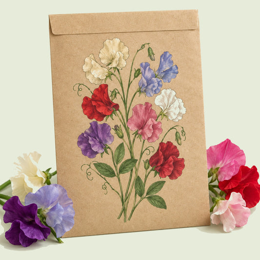 Kraft seed packet illustrated with Perfume Delight Sweet Pea, with fresh Perfume Delight Sweet Pea beside it