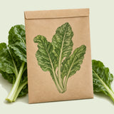 Kraft seed packet illustrated with Perpetual Spinach Swiss Chard, with fresh Perpetual Spinach Swiss Chard beside it