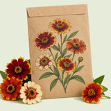Kraft seed packet illustrated with Persian Carpet Zinnia, with fresh Persian Carpet Zinnia beside it