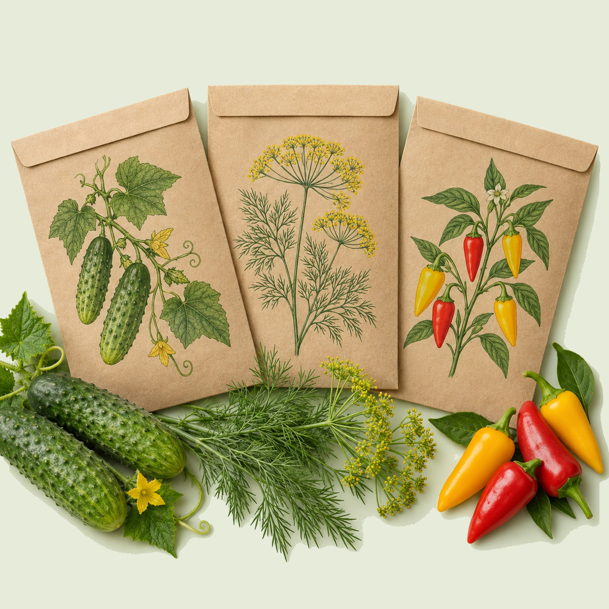 Kraft seed packet illustrated with Pickling Garden Seed Bundle, with fresh Pickling Garden Seed Bundle beside it