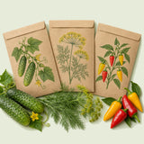 Kraft seed packet illustrated with Pickling Garden Seed Bundle, with fresh Pickling Garden Seed Bundle beside it
