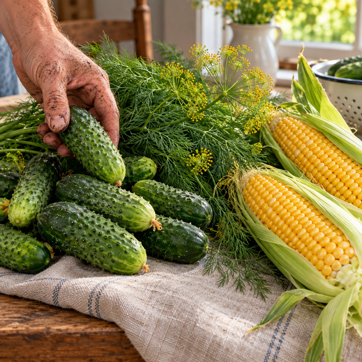 Pickling Seed Trio Dill Cucumber Corn harvest up close