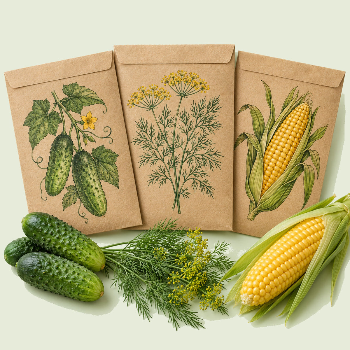 Kraft seed packet illustrated with Pickling Garden Seed Bundle, with fresh Pickling Garden Seed Bundle beside it