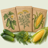 Kraft seed packet illustrated with Pickling Garden Seed Bundle, with fresh Pickling Garden Seed Bundle beside it