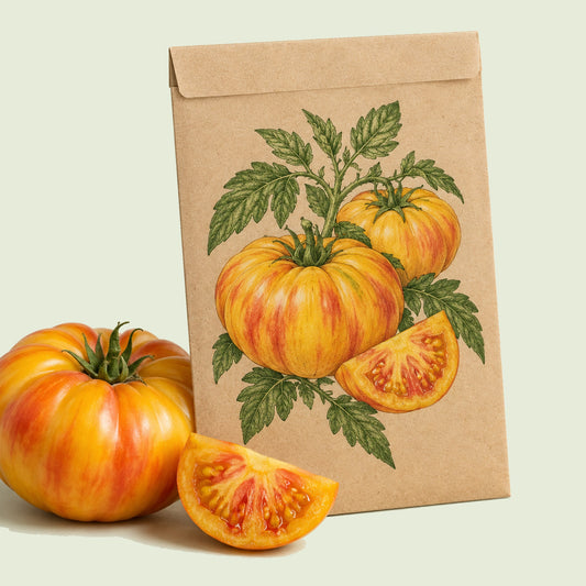 Kraft seed packet illustrated with Pineapple Pole Tomato, with fresh Pineapple Pole Tomato beside it
