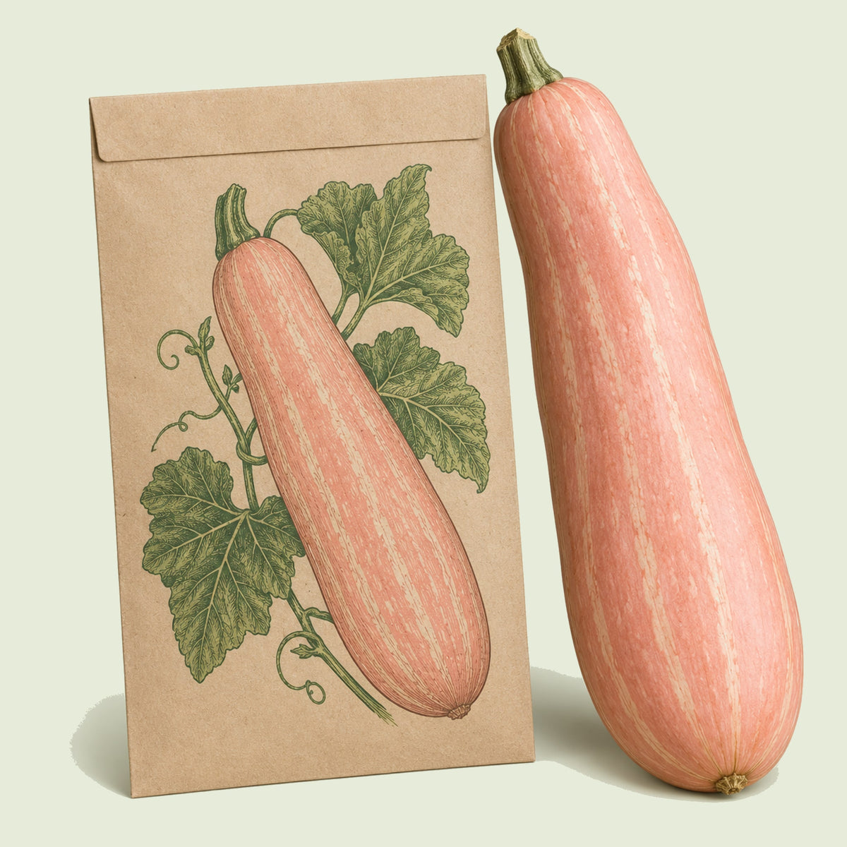 Kraft seed packet illustrated with Pink Banana Winter Squash, with fresh Pink Banana Winter Squash beside it