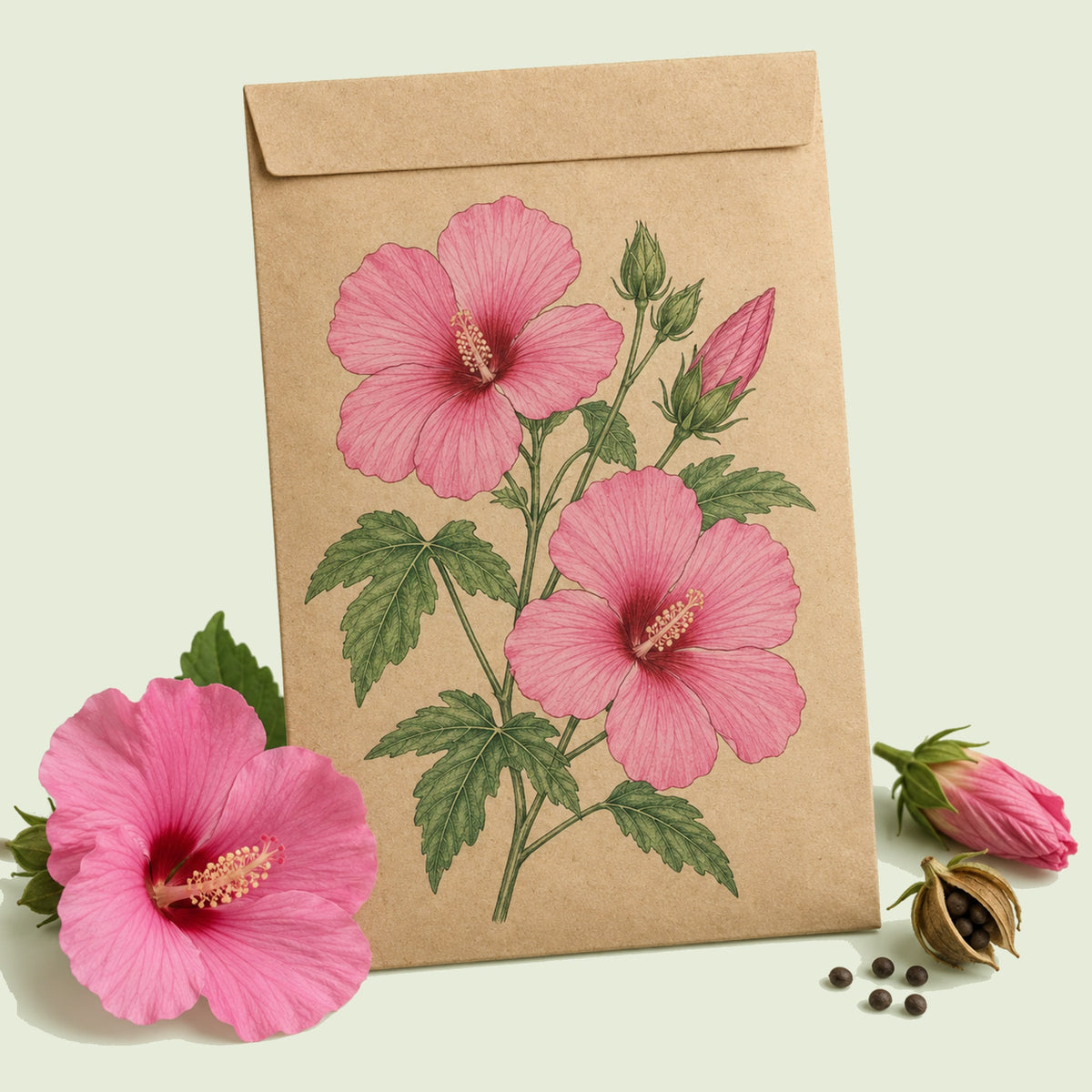 Kraft seed packet illustrated with Pink Rose Mallow, with fresh Pink Rose Mallow beside it