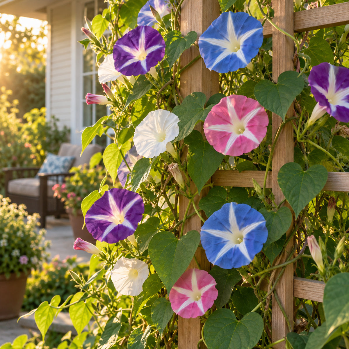 Pinwheel Morning Glory Blend Seeds growing in a home garden