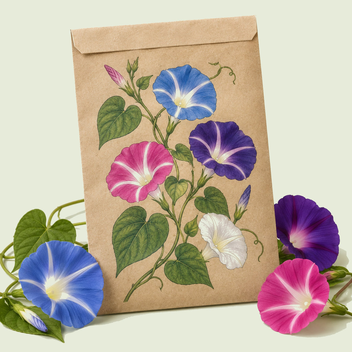 Kraft seed packet illustrated with Pinwheel Morning Glory Blend, with fresh Pinwheel Morning Glory Blend beside it