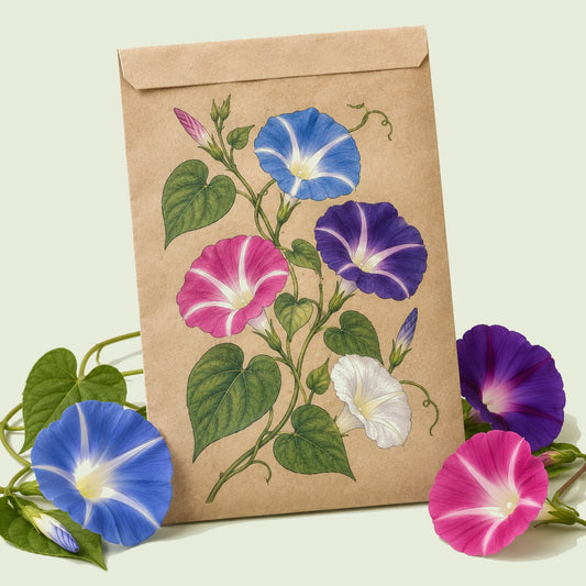 Kraft seed packet illustrated with Pinwheel Morning Glory Blend, with fresh Pinwheel Morning Glory Blend beside it