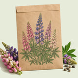 Kraft seed packet illustrated with Pixie Delight Lupine, with fresh Pixie Delight Lupine beside it