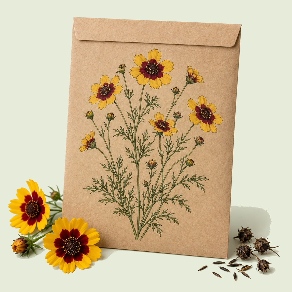 Kraft seed packet illustrated with Plains Coreopsis, with fresh Plains Coreopsis beside it
