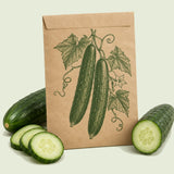 Kraft seed packet illustrated with Poinsett 76 Cucumber, with fresh Poinsett 76 Cucumber beside it