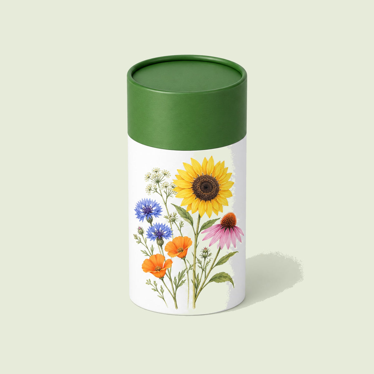 Pollinator Flower Mix Seed Shaker on a soft green background