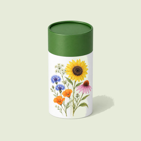Pollinator Flower Mix Seed Shaker on a soft green background