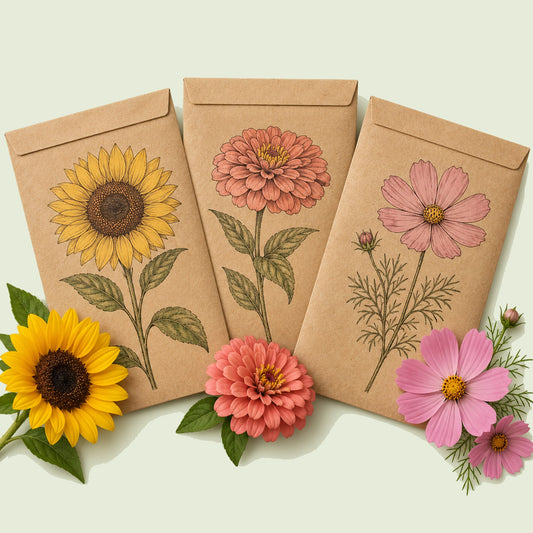 Kraft seed packet illustrated with Pollinator Flower Seed Bundle, with fresh Pollinator Flower Seed Bundle beside it