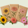 Kraft seed packet illustrated with Pollinator Flower Seed Bundle, with fresh Pollinator Flower Seed Bundle beside it