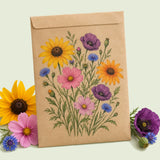 Kraft seed packet illustrated with Pollinator Garden Flower Mix, with fresh Pollinator Garden Flower Mix beside it