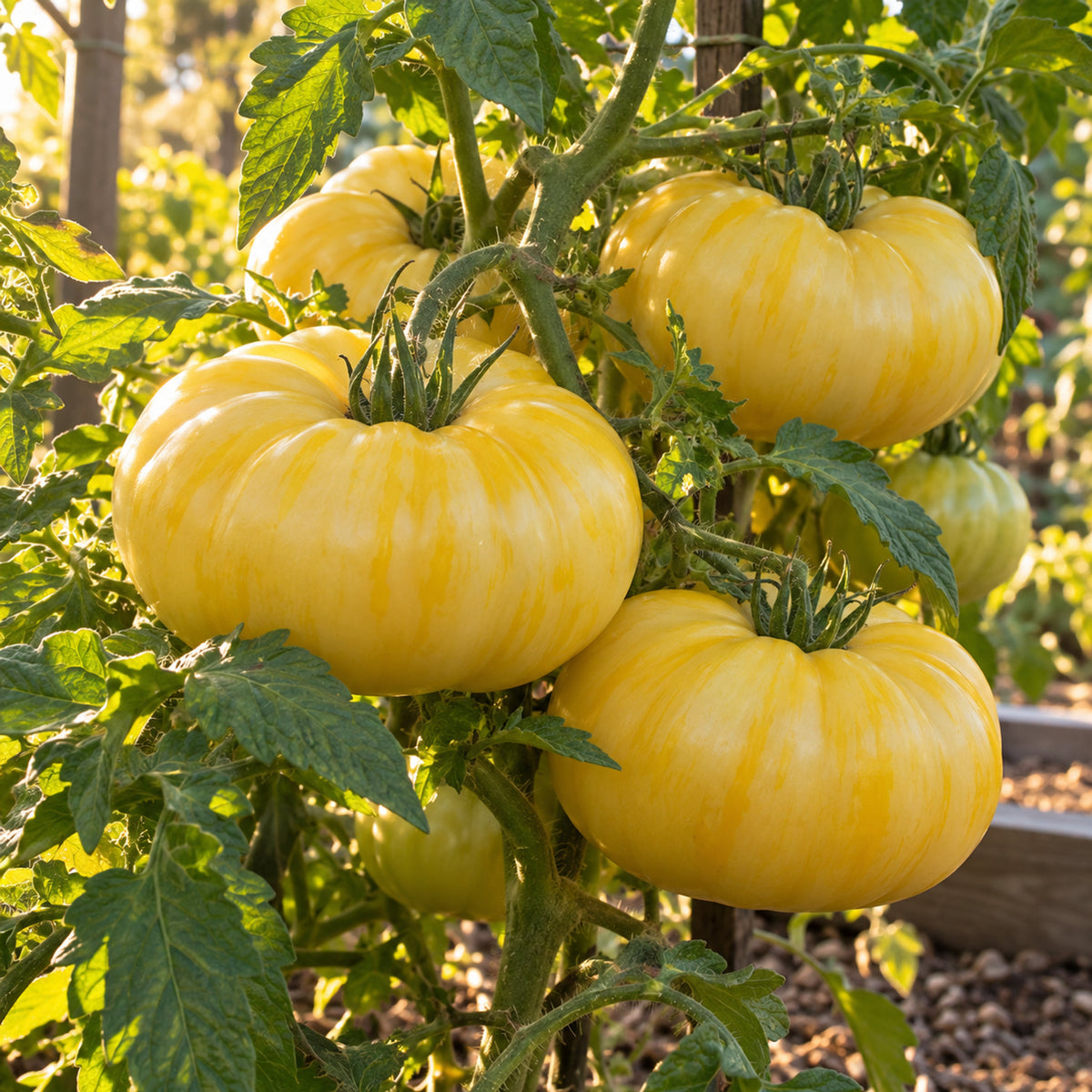 Pork Chop Yellow Tomato Seeds growing in a home garden
