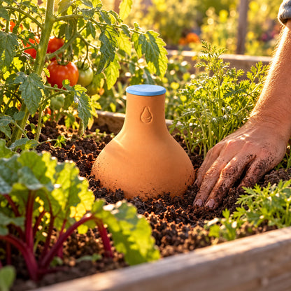 Porous Clay Watering Pot in use in a home garden