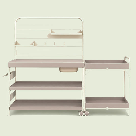 Potting Bench and Cart Set on a soft green background