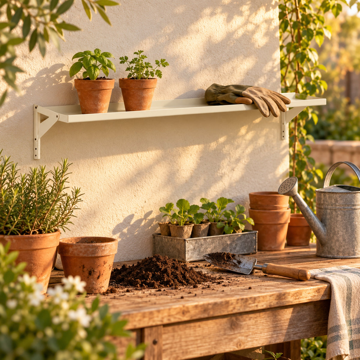Potting Bench Bar Top Shelf in use in a home garden