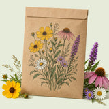 Kraft seed packet illustrated with Prairie Splendor Flower Mix, with fresh Prairie Splendor Flower Mix beside it