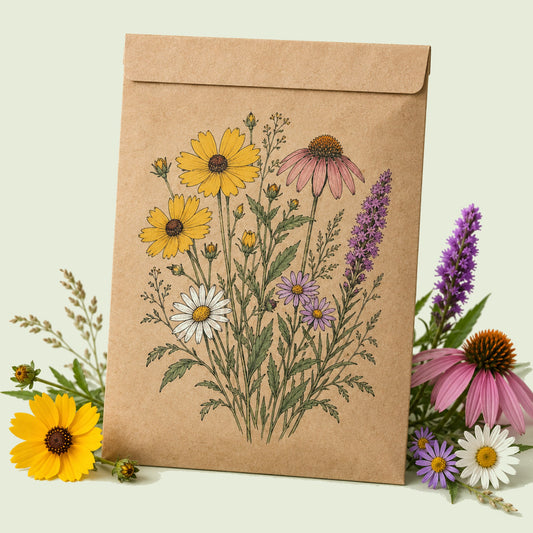 Kraft seed packet illustrated with Prairie Splendor Flower Mix, with fresh Prairie Splendor Flower Mix beside it