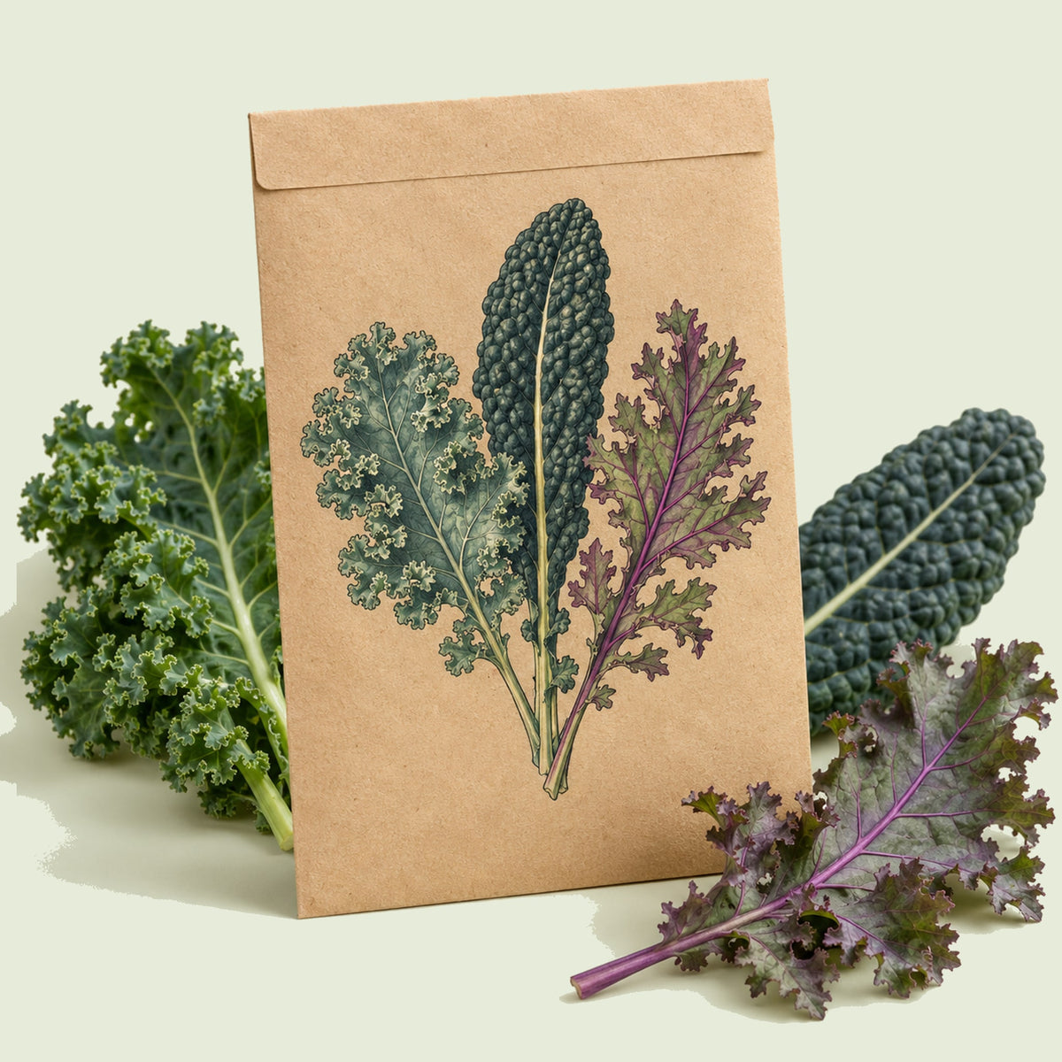 Kraft seed packet illustrated with Premier Kale Blend, with fresh Premier Kale Blend beside it