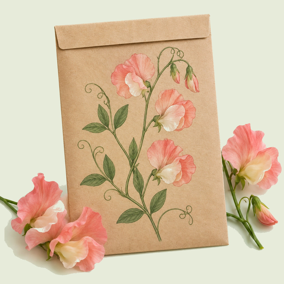 Kraft seed packet illustrated with Princess Elizabeth Sweet Pea, with fresh Princess Elizabeth Sweet Pea beside it