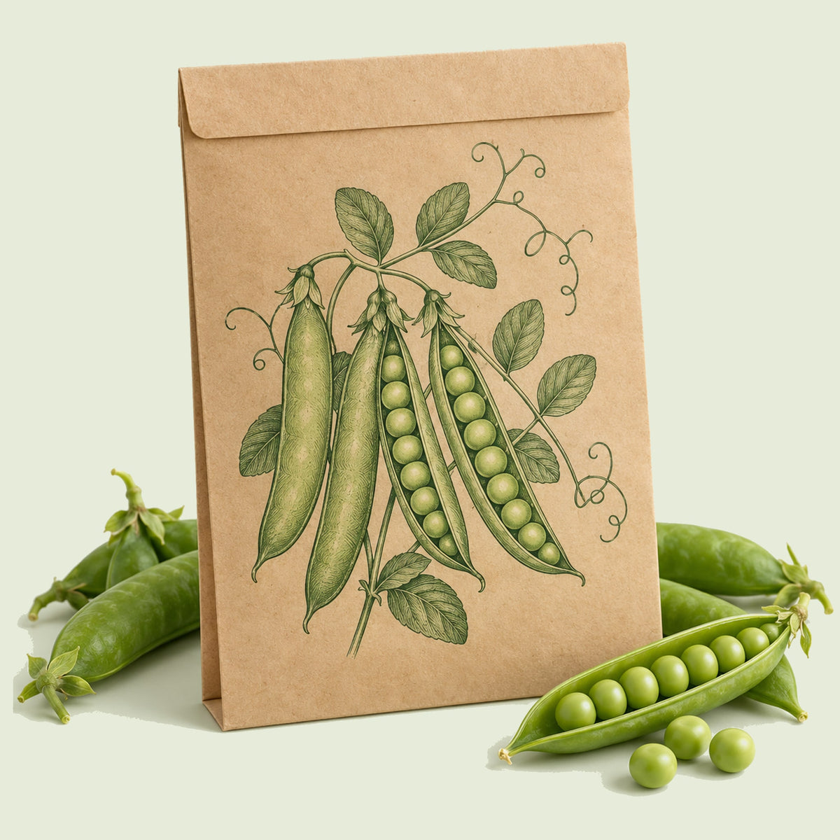 Kraft seed packet illustrated with Progress 9 Shelling Pea, with fresh Progress 9 Shelling Pea beside it
