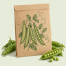 Kraft seed packet illustrated with Progress 9 Shelling Pea, with fresh Progress 9 Shelling Pea beside it