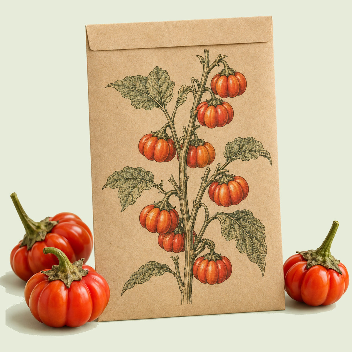 Kraft seed packet illustrated with Pumpkin on a Stick, with fresh Pumpkin on a Stick beside it