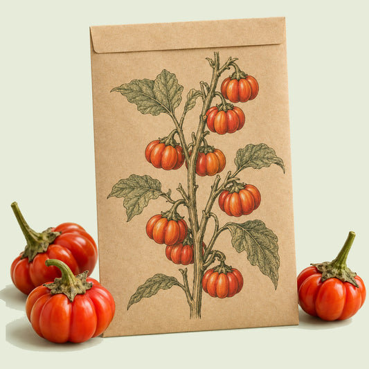 Kraft seed packet illustrated with Pumpkin on a Stick, with fresh Pumpkin on a Stick beside it