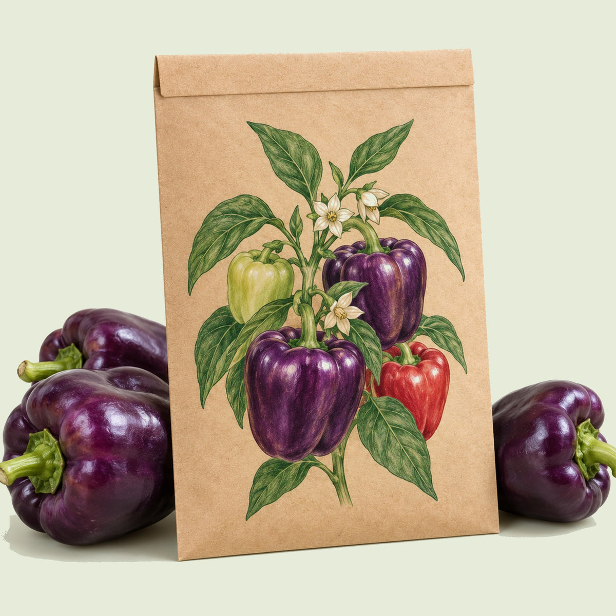 Kraft seed packet illustrated with Purple Beauty Sweet Pepper, with fresh Purple Beauty Sweet Pepper beside it