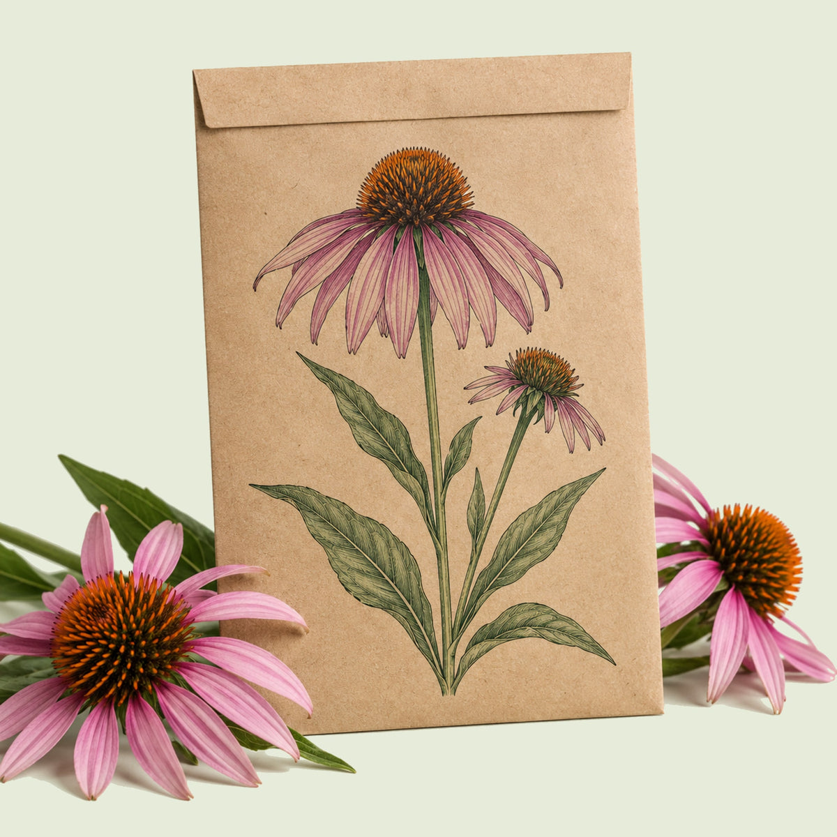 Kraft seed packet illustrated with Purple Coneflower, with fresh Purple Coneflower beside it