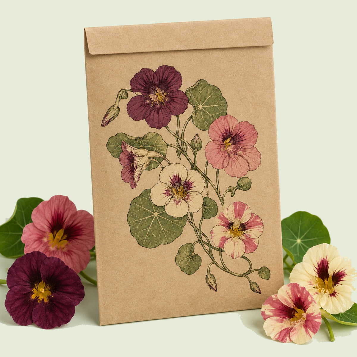 Kraft seed packet illustrated with Purple Emperor Trailing Nasturtium, with fresh Purple Emperor Trailing Nasturtium beside it