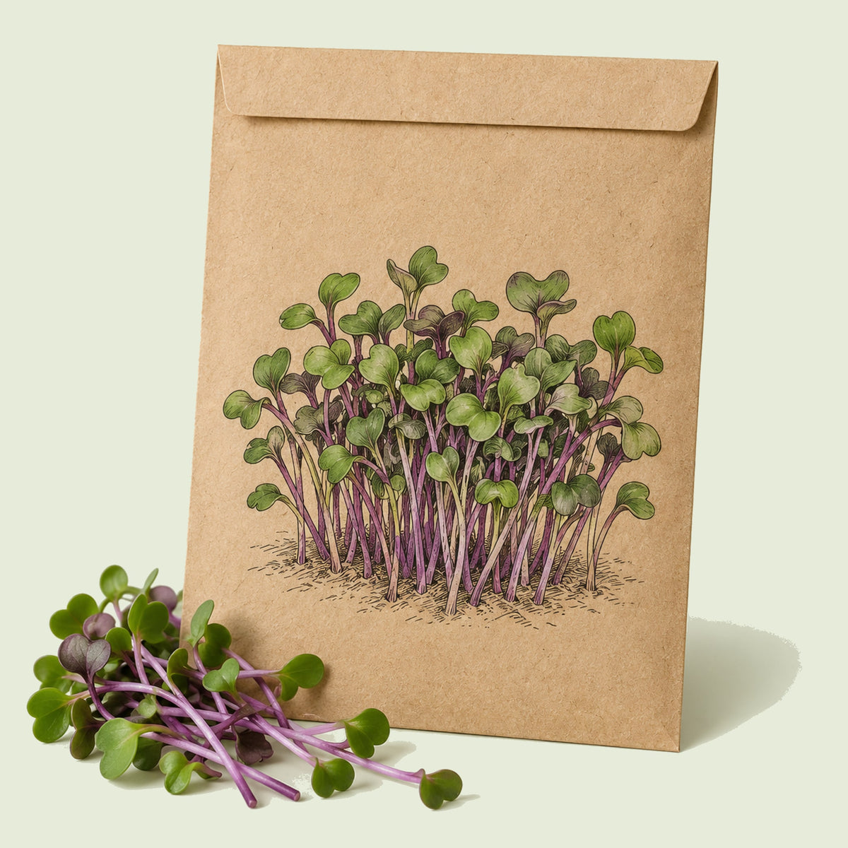 Kraft seed packet illustrated with Purple Kohlrabi Sprouts, with fresh Purple Kohlrabi Sprouts beside it