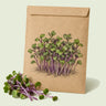 Kraft seed packet illustrated with Purple Kohlrabi Sprouts, with fresh Purple Kohlrabi Sprouts beside it