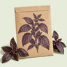 Kraft seed packet illustrated with Purple Petra Basil, with fresh Purple Petra Basil beside it