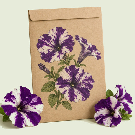 Kraft seed packet illustrated with Purple Tie Dye Petunia, with fresh Purple Tie Dye Petunia beside it