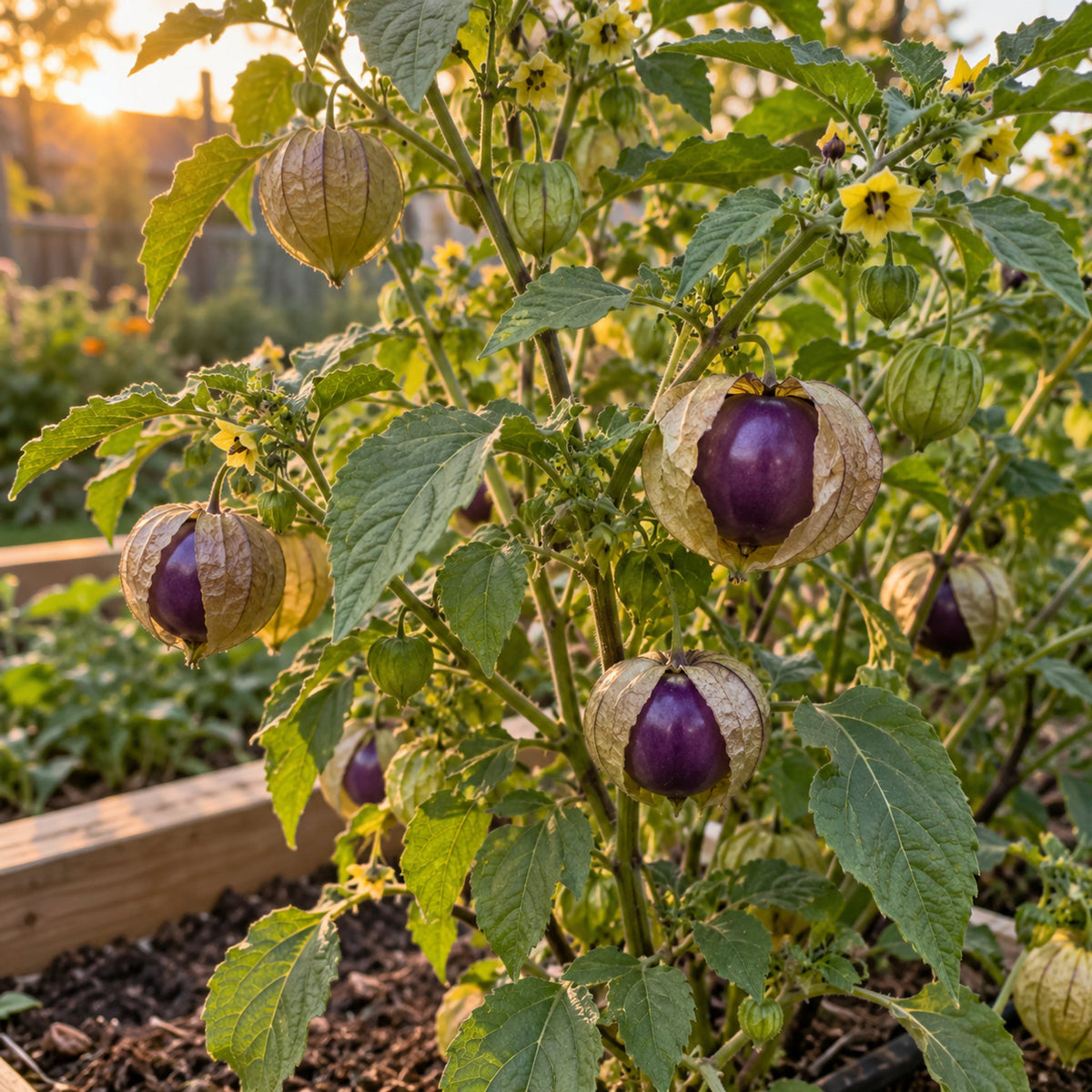 Purple Tomatillo Seeds growing in a home garden