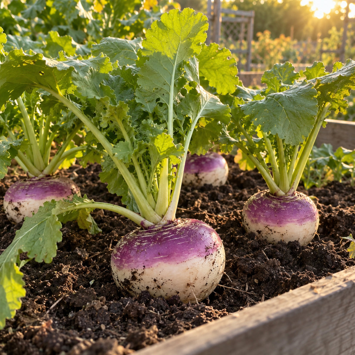Purple Top White Globe Turnip Seeds growing in a home garden