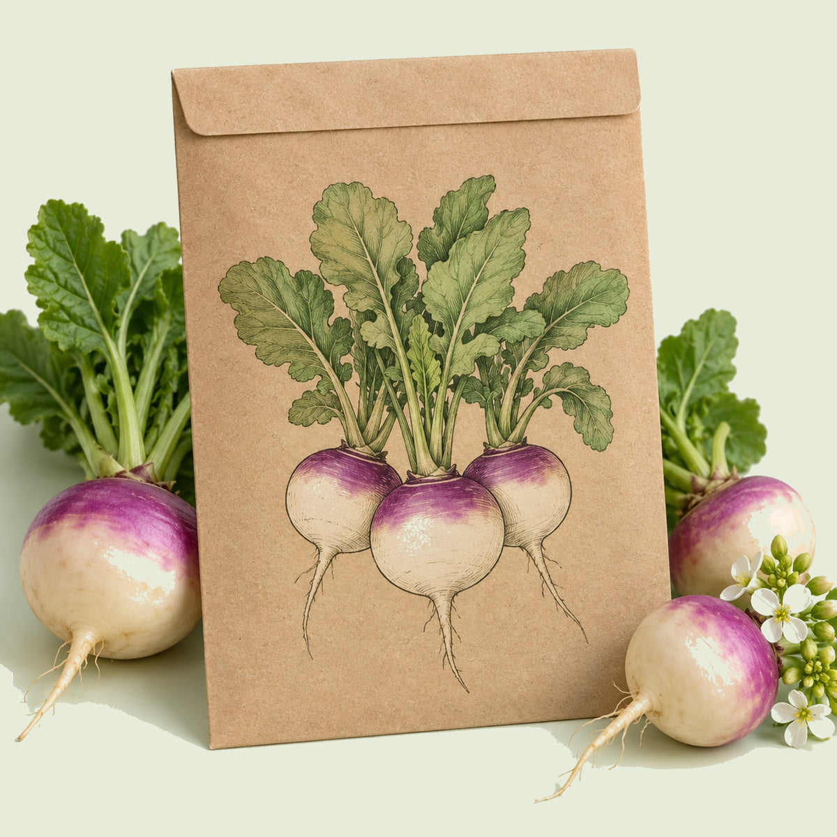Kraft seed packet illustrated with Purple Top White Globe Turnip, with fresh Purple Top White Globe Turnip beside it