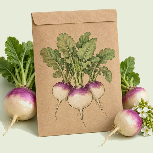Kraft seed packet illustrated with Purple Top White Globe Turnip, with fresh Purple Top White Globe Turnip beside it