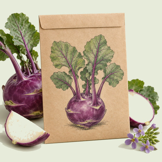 Kraft seed packet illustrated with Purple Vienna Kohlrabi, with fresh Purple Vienna Kohlrabi beside it