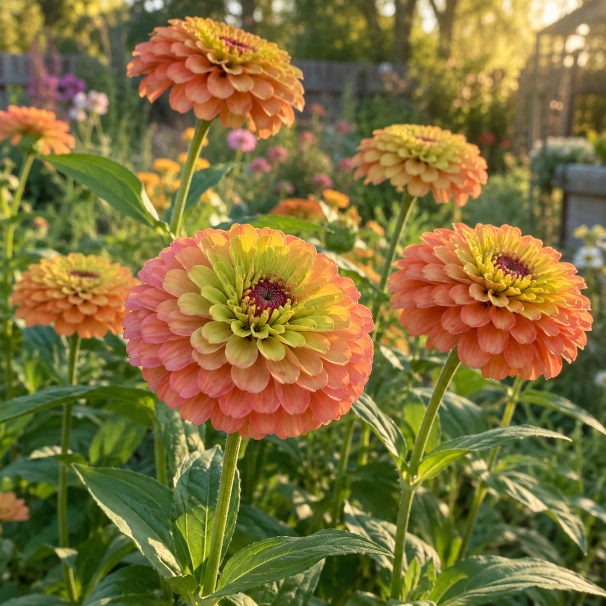 Queeny Lime Orange Zinnia Seeds growing in a home garden